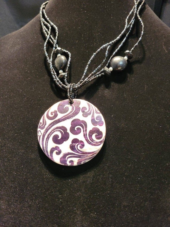 Vintage Beaded Necklace Pendant Abalone Designed … - image 7