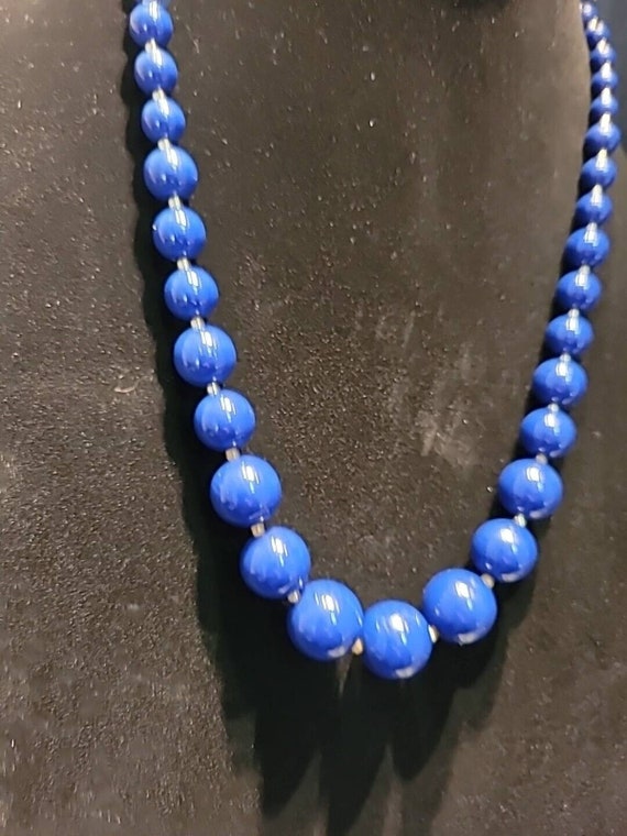 Vintage Silver Tone Graduated Beaded Blue Necklac… - image 8