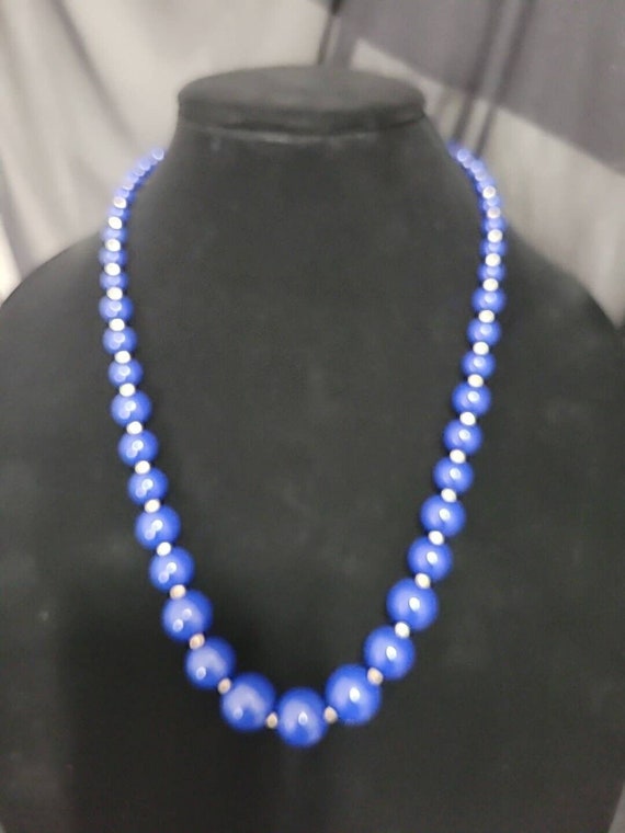 Vintage Silver Tone Graduated Beaded Blue Necklac… - image 2