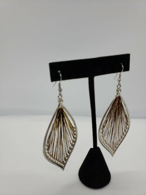 Silver Tone Brown Gold Color Dangle Earrings Woven