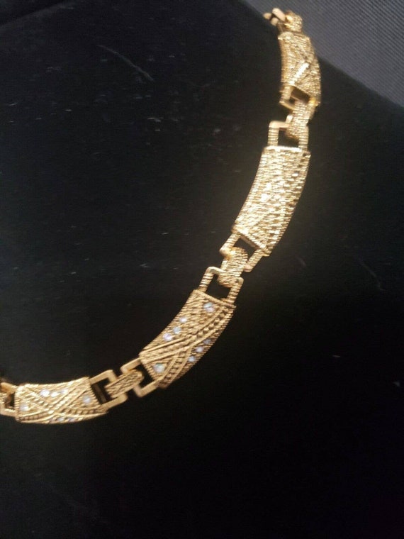 Gold Tone Ornate Necklace Choker Crystal Rhinesto… - image 4