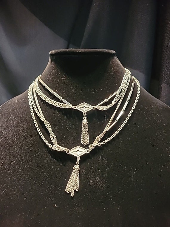 Vintage Silver Tone Multi Strand Necklace Pendant… - image 4