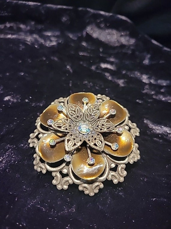 Vintage Silver Tone Bronze Tone Tiered Flower Broo