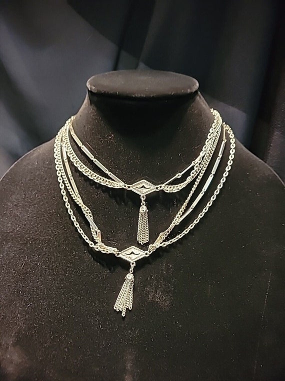 Vintage Silver Tone Multi Strand Necklace Pendant… - image 7