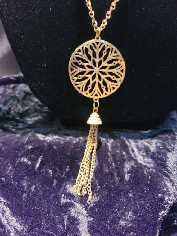 Vintage Gold Tone Pendant Chain Tassel Medallion … - image 6