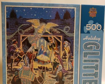 Master Pieces Holiday Glitter Holy Night 500 Piece Jigsaw Puzzle Complete