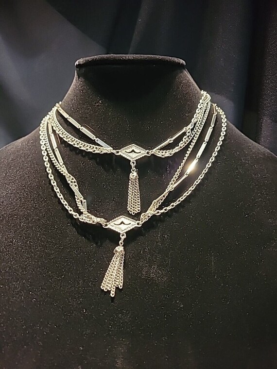 Vintage Silver Tone Multi Strand Necklace Pendant… - image 5