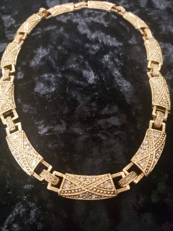 Gold Tone Ornate Necklace Choker Crystal Rhinesto… - image 8