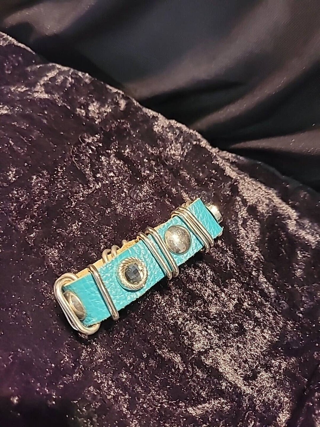 Silver Tone Turquoise Leather Strap Bracelet Snap Closure Etsy