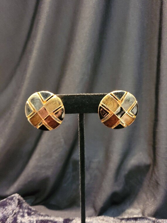 Vintage Gold Tone Basketweave Round Post Pierced … - image 3