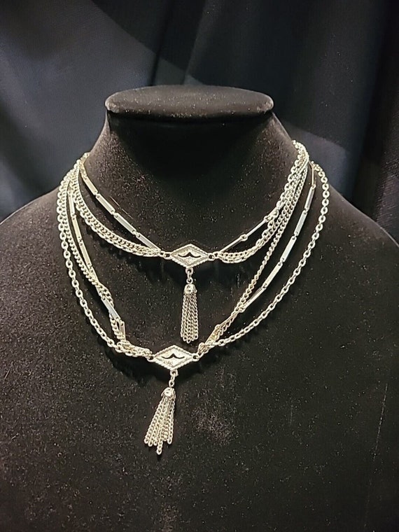 Vintage Silver Tone Multi Strand Necklace Pendant… - image 1