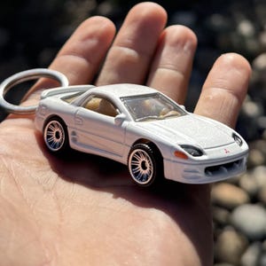 May include: A white toy car keychain with a silver key ring. The car has black and silver wheels, a tan interior, and a spoiler. The car is held in a hand against a blurred background of rocks.