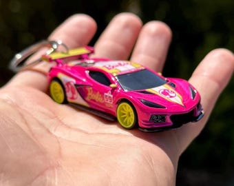 Corvette C8 Keychain, Pink Barbie Chevrolet Corvette C8 Keyring, Barbie Movie Film Key Chain, Mini Scale Chevy Car Charms