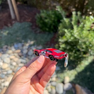 May include: A red toy car with black and white accents, featuring the number 34 on the side. The car has a keychain attached. The background is blurred, with green foliage and rocks.