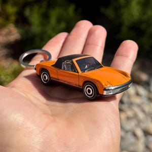 1971 Porsche 914 Keychain, Vintage Orange Sportscar Keyring