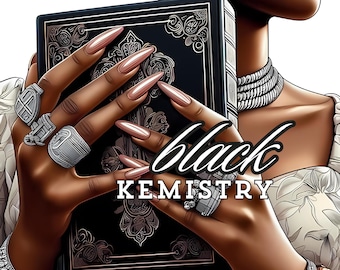 May include: A woman's hand holding a black book with gold accents and the text "black kemistry" on the cover.