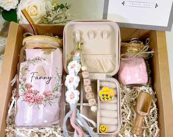 Birthday Gift Box for Her, Personalized Birth Flower Glass Cup and Jewelry Box