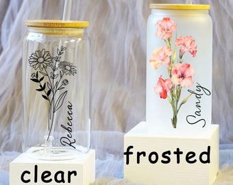 Personalized Birth Flower Coffee Cup - Custom Name Glass - Bridesmaid Proposal Gift - Custom Iced Coffee Cup - Gift for Her
