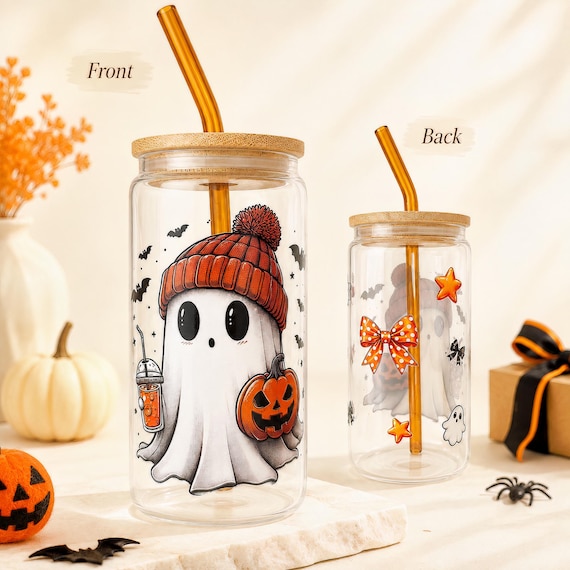 Halloween Ghost Glass Cup | Spooky Iced Coffee Tumbler with Bamboo Lid