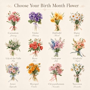 May include: A chart titled Choose Your Birth Month Flower featuring twelve watercolor-style floral bouquets. Each bouquet is labeled with its corresponding flower name and month, ranging from January Carnation to December Narcissus.