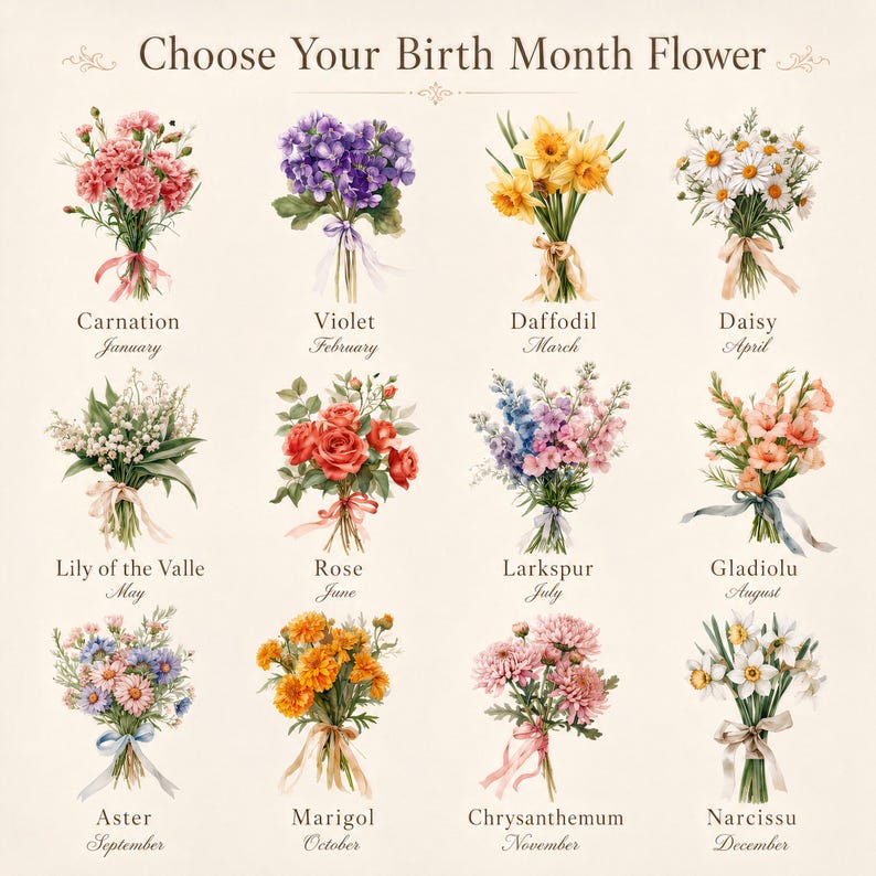 May include: A chart titled Choose Your Birth Month Flower featuring twelve watercolor-style floral bouquets. Each bouquet is labeled with its corresponding flower name and month, ranging from January Carnation to December Narcissus.