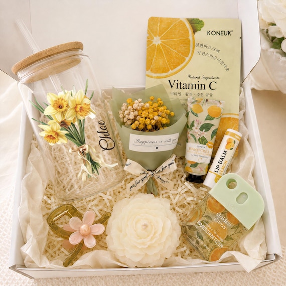 Spa Gift Box for Her, Birth Flower Cup Gift Set, Custom Name Glass Tumbler, Fresh Citrus Birthday Gift, Pampering Gift Box