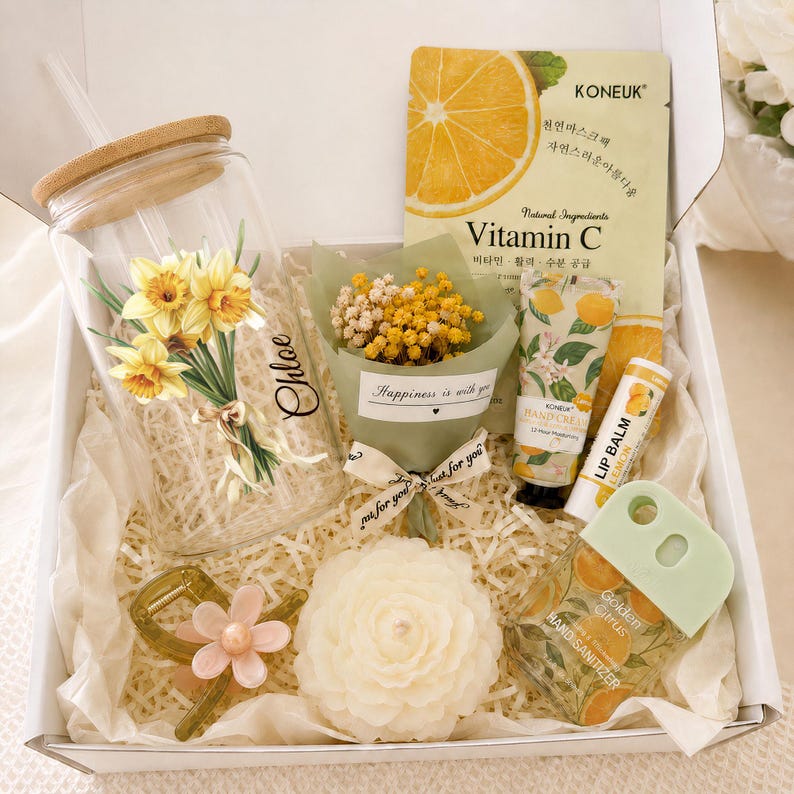 Spa Gift Box for Her, Birth Flower Cup Gift Set, Custom Name Glass Tumbler, Fresh Citrus Birthday Gift, Pampering Gift Box image 1