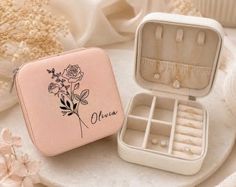 Personalized Birth Flower Jewelry Box, Custom Name Travel Jewelry Case, Bridesmaid Gift for Her