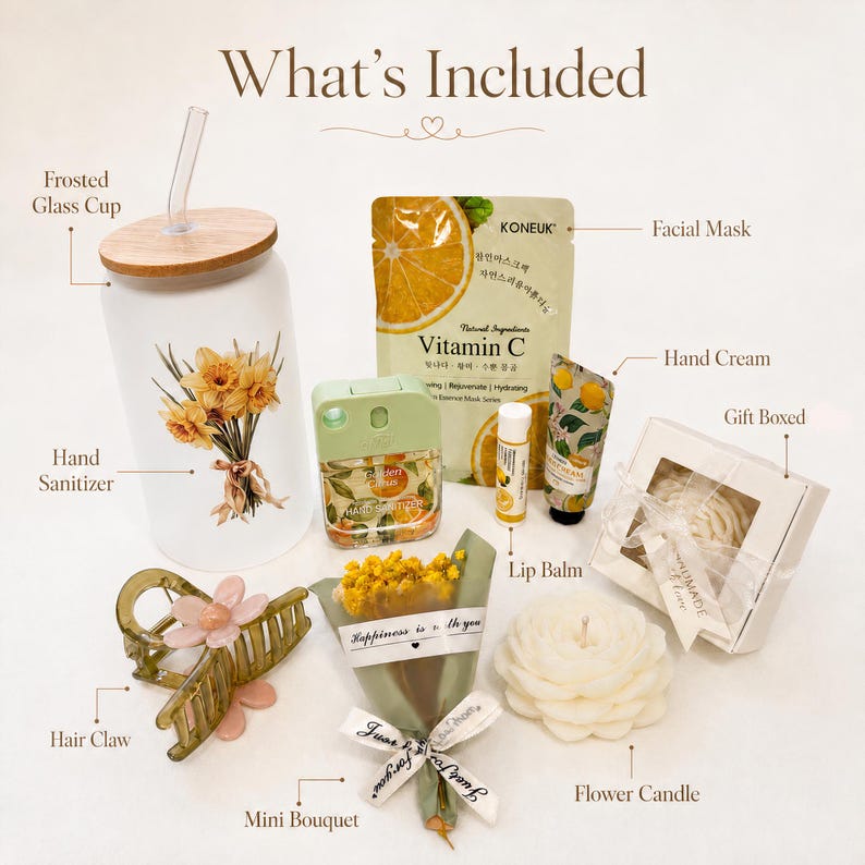 May include: A gift set featuring a frosted glass cup with a bamboo lid and straw, a Vitamin C facial mask, a citrus hand sanitizer, a lip balm, a lemon-patterned hand cream, a hair claw, a mini dried flower bouquet, a flower candle, and a gift box.