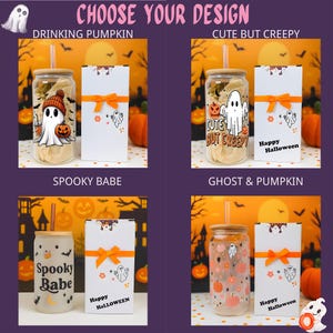 May include: Four glass tumblers with bamboo lids and straws, each featuring unique Halloween designs: a ghost with a pumpkin, a ghost with the text 'CUTE BUT CREEPY', the text 'Spooky Babe', and a pattern of ghosts and pumpkins with 'Happy Halloween' boxes.