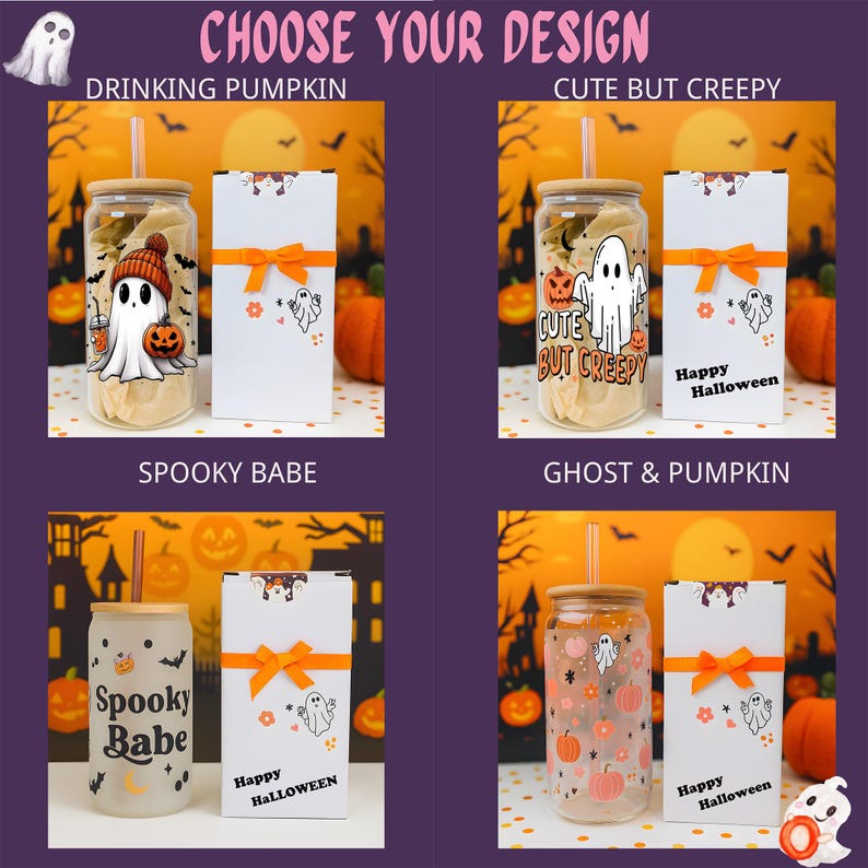 May include: Four glass tumblers with bamboo lids and straws, each featuring unique Halloween designs: a ghost with a pumpkin, a ghost with the text 'CUTE BUT CREEPY', the text 'Spooky Babe', and a pattern of ghosts and pumpkins with 'Happy Halloween' boxes.