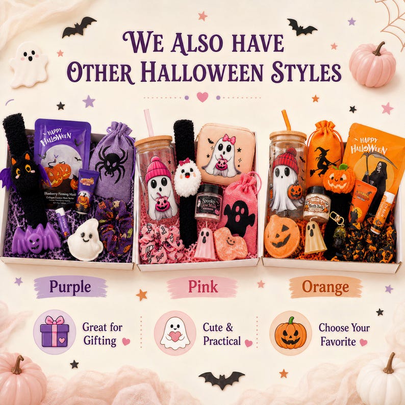 May include: Three Halloween-themed gift boxes in purple, pink, and orange color schemes. Each box contains a glass tumbler with a straw, a plush ghost or bat, a small drawstring bag, a face mask, a lip balm, and various seasonal bath items.