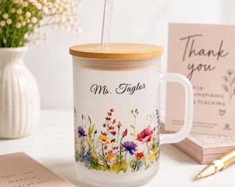 Personalized Frosted Glass Teacher Mug | Wildflower Floral Design, Custom Name Gift
