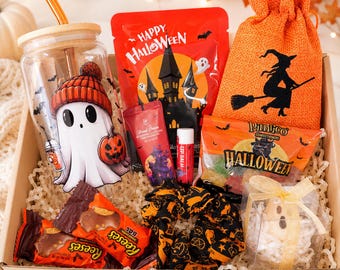 Halloween Gift Box for Her, Spooky Ghost Boo Basket, Halloween Care Package, Cute Fall Gift with Glass Cup, Candle & Treats