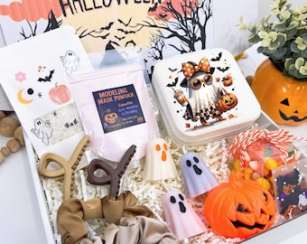 Halloween Spa Gift Box for Her – Cute Ghost & Pumpkin Set with Hair Clips, Scrunchie, Modeling Mask, and Candy | Spooky Self Care Gift