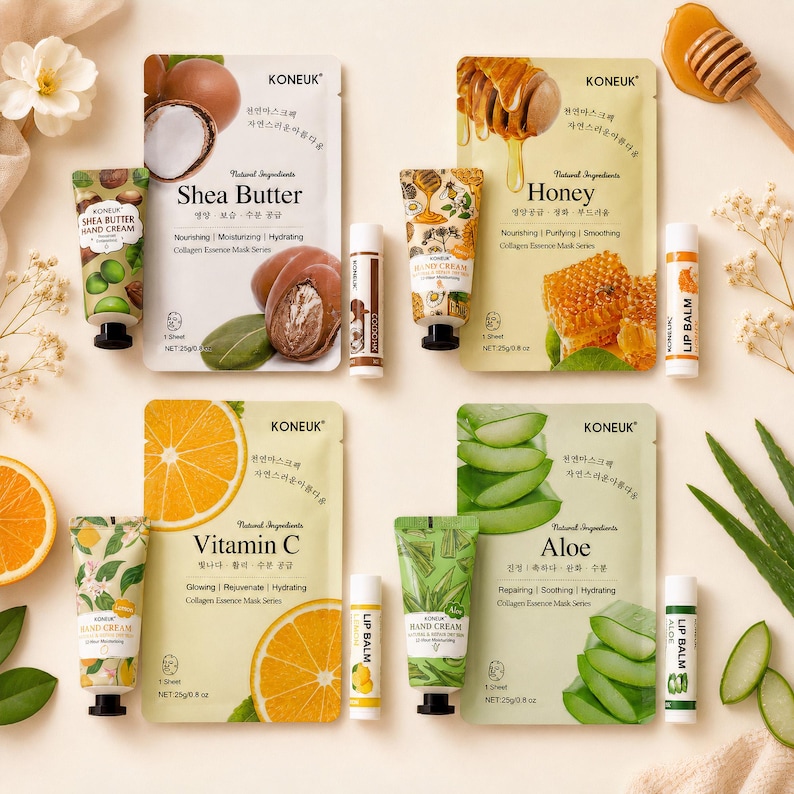 May include: Four KONEUK collagen essence mask packets labeled Shea Butter, Honey, Vitamin C, and Aloe, each paired with a matching hand cream tube and lip balm. The packets display 25g/0.8 oz net weight and feature illustrations of their ingredients.