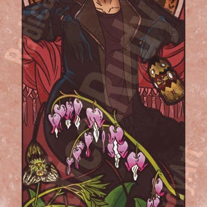 May include: A digital illustration in the Art Nouveau style featuring a man with spiky blond hair wearing a black leather jacket and sitting on a red velvet chair. The background features a circular design with a floral pattern and a border of green leaves and pink flowers.
