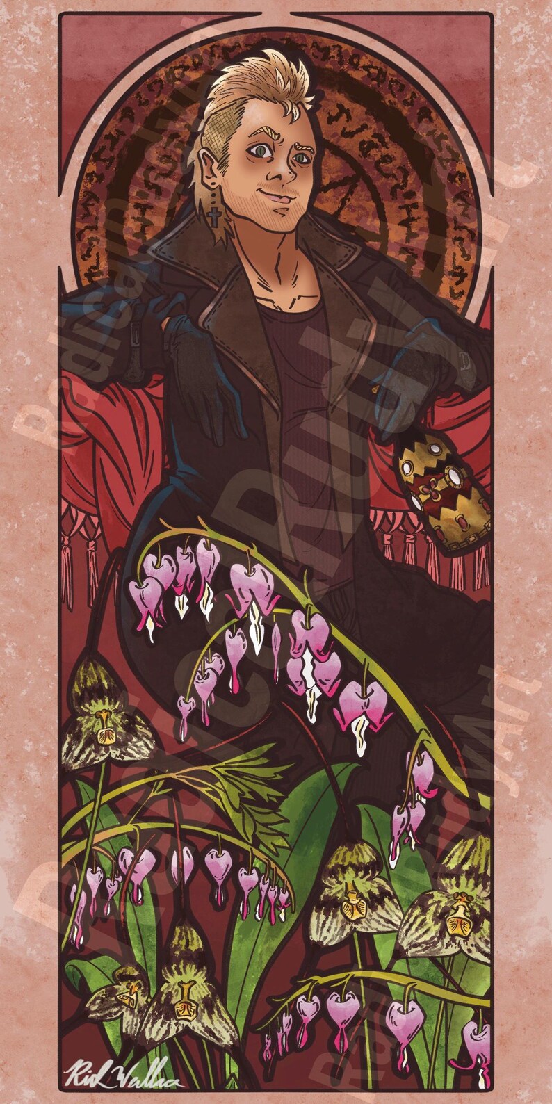 May include: A digital illustration in the Art Nouveau style featuring a man with spiky blond hair wearing a black leather jacket and sitting on a red velvet chair. The background features a circular design with a floral pattern and a border of green leaves and pink flowers.