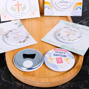 Imán abridor de botellas de bautismo personalizado, imán de refrigerador abridor de botellas personalizado, primera comunión, regalo de baby shower, regalo de invitado de fiesta de bautismo