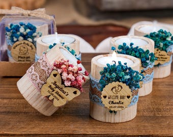 Baby Shower Favors Candle Holders, Custom Candle Favors, Wooden Tealight Holder, Baby Shower Gifts, Personalized Candle, Thank You Favors