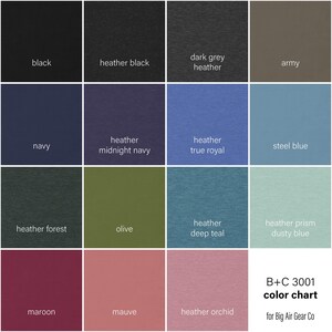 May include: Color chart featuring swatches of various fabric colors, including black, navy, olive, and maroon. The chart includes the text "B+C 3001 color chart" and "for Big Air Gear Co."