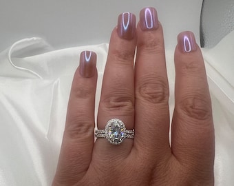 2 carat oval halo moissanite bridal set