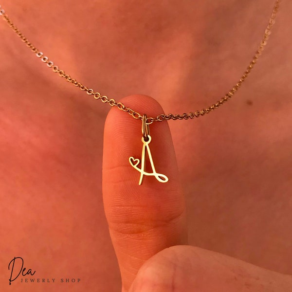 18k Gold Initial Heart Necklace, Personalized Tiny Heart Letter Necklaces, Birthday Gift for Her, Mother's Day Gift, Gift for Mom