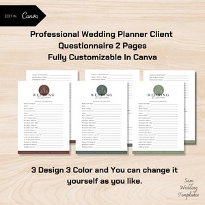 Professional Wedding Planner Client Questionnaire and Checklist Planner, Intake Form, Bride and Groom Questionnaire, Editable Canva Template