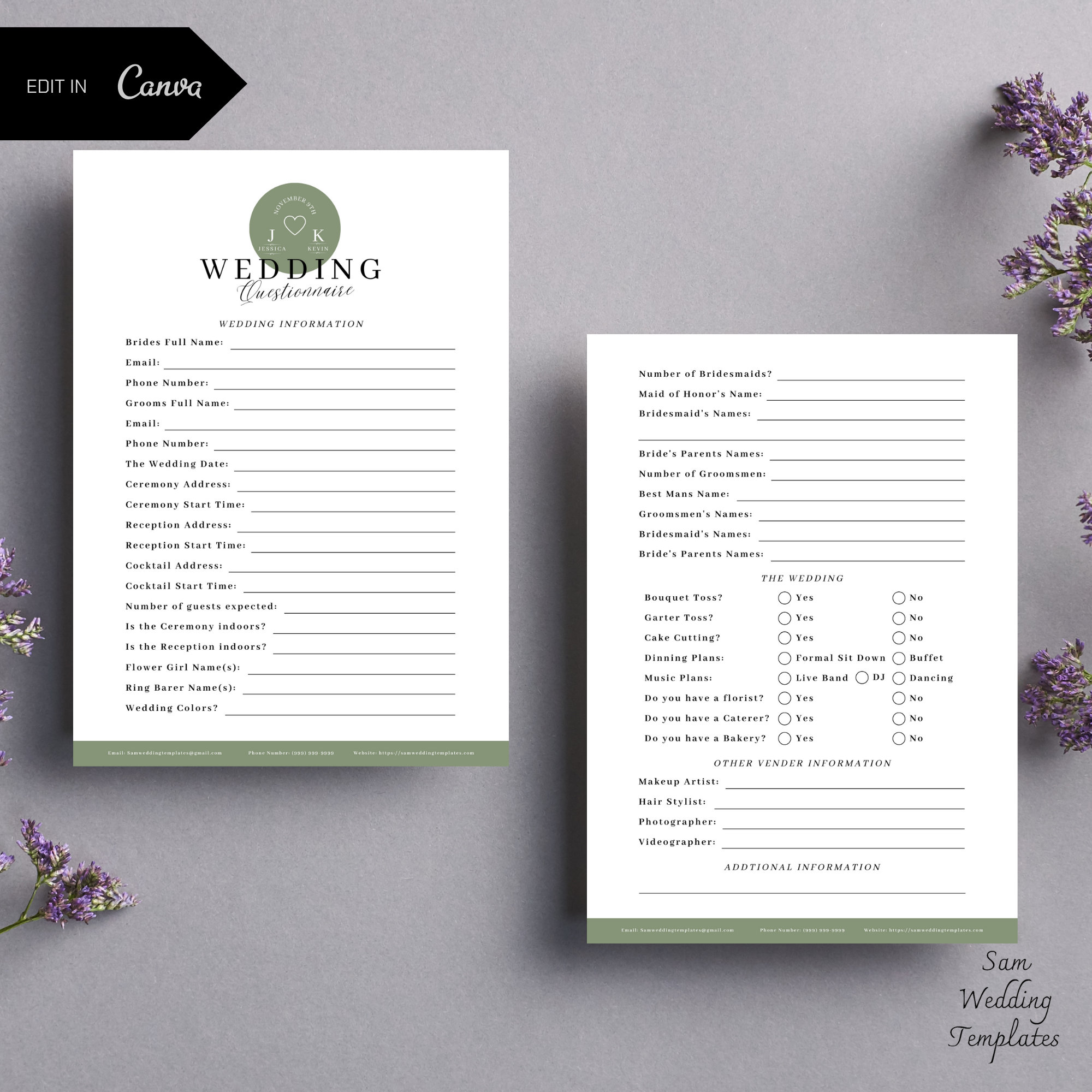 Professional Wedding Planner Client Questionnaire and Checklist Planner, Intake Form, Bride and