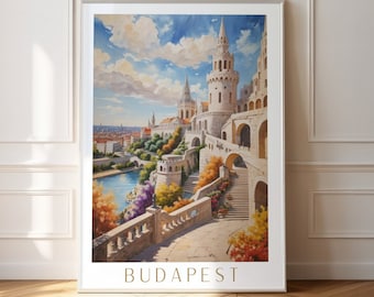 Budapest Travel Poster, Fischerman&#39;s Bastion Wall Art, Hungary Travel Poster Gift, Oil paint Budapest Travel Poster,Watercolor Hungary Print