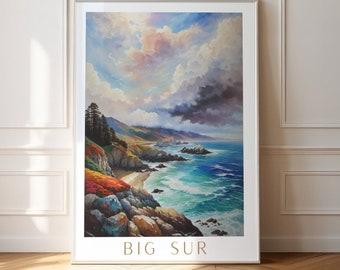Big Sur Travel Poster Print, California Travel Poster, Big Sur Travel Print, Seascape Wall Art Poster Gift,Oil paint Ocean, Watercolor Ocean