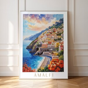 Amalfi Italy Travel Print, Amalfi Beach Wall Art,Retro Printable Italy Wall Decor Art, Oil Paint Italian Coast Poster Gift Watercolor Island