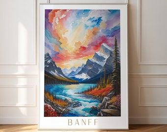 Banff Travel Poster, Banff Wall Art, Canada Travel Poster Gift, Oil paint Banff Travel Poster,Watercolor Banff, Banff National Park Print