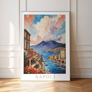 Napoli Italien Reise Poster Wandkunst, Italien Schloss Poster Geschenk, Napoli Ölfarbe Insel Reise Poster, Aquarell Italien Berg Skyline Druck